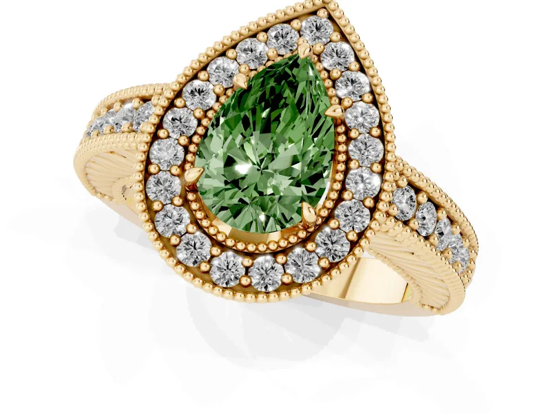 Fancy Green Pear Cut Diamond Halo Ring Set in Yellow gold with Round Accent Halo, Pavé Band and Prong Setting