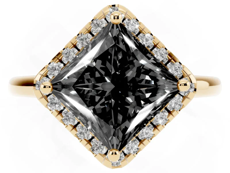 Princess Cut Halo Engagement Ring Setting for a Black Center | Plain Polished Band | Yellow Gold