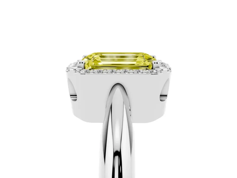 Fancy Yellow Emerald Cut Diamond Halo Engagement Ring Set in Platinum with Plain Split Shank and Prong Setting