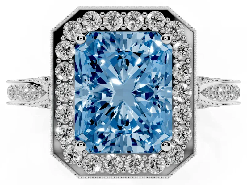Radiant Cut Milgrain Halo Engagement Ring Setting for a Fancy Blue Lab-Grown Diamond | Side Stones | Platinum