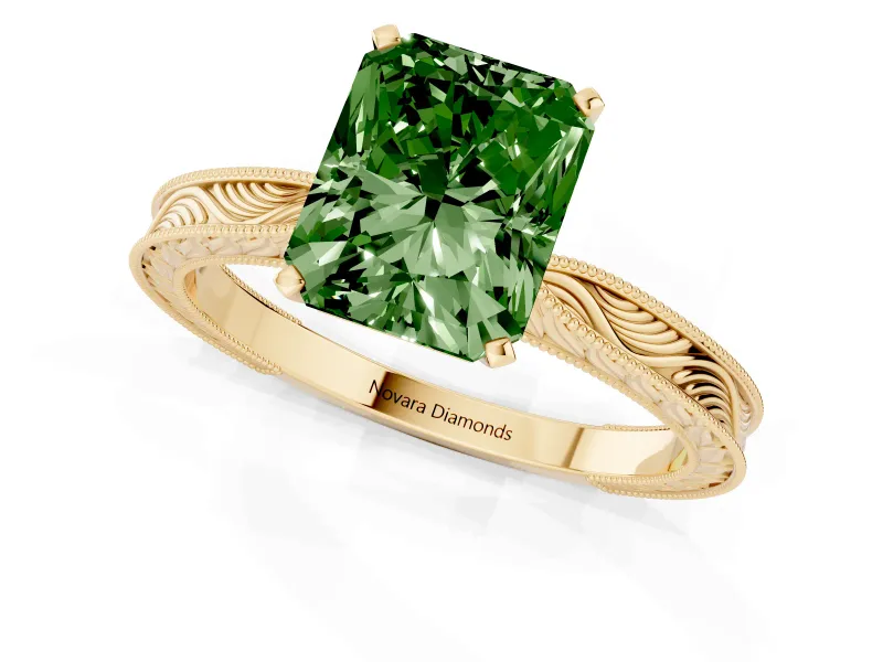 Fancy Green Radiant Cut Diamond Solitaire Milgrain Engraved Band Set in Yellow gold with Prong Setting