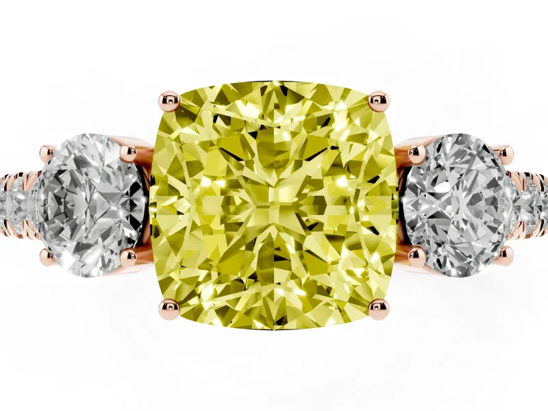 Fancy Yellow Cushion Cut Diamond Three-Stone Ring Set in Rose gold with Round Side Stones and Delicate Pavé Band