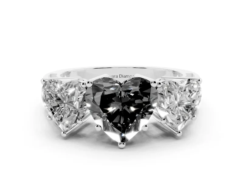 Fancy Black Heart Cut Diamond Three-Stone Ring Set in White gold with Textured Band