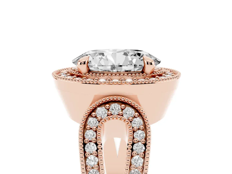 Oval Vintage Milgrain Halo Engagement Ring Setting | Open Loop Pave Shoulders | Rose Gold