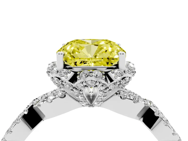 Fancy Yellow Cushion Cut Diamond Halo Twist Band Solitaire Ring Set in Silver with Prong-Set Center Stone