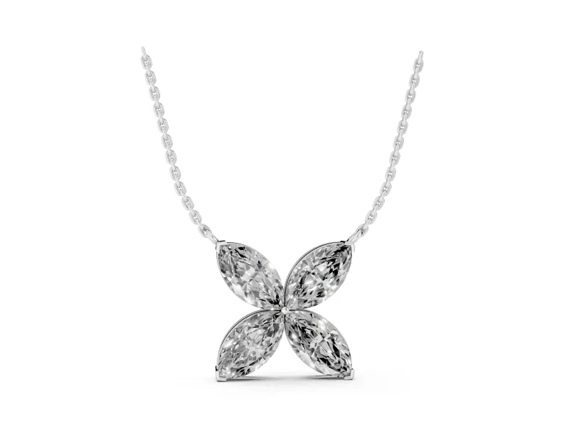 Marquise Lab-Grown Diamond Four-Petal Flower Pendant Necklace | V-Prong Tips | Sterling Silver