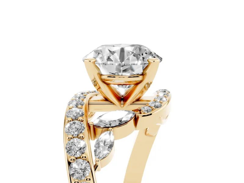 Round Bypass Pavé Engagement Ring Setting | Marquise Accents | Yellow Gold