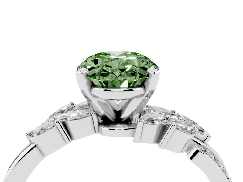 Fancy Green Oval Cut Diamond Solitaire Ring Set in Silver with Marquise Twist Band and Prong Setting
