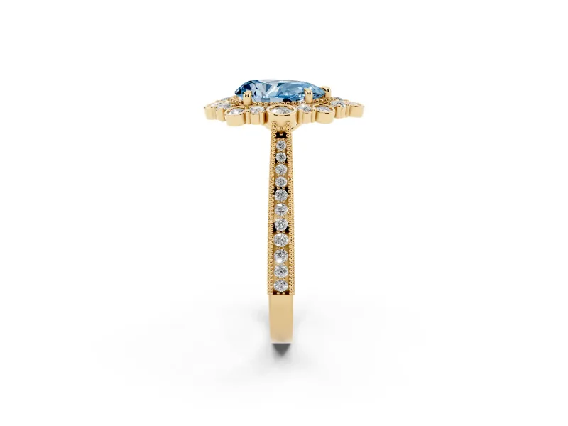Pear-Shaped Scalloped Halo Engagement Ring Setting for a Fancy Blue Lab-Grown Diamond | Milgrain Edges | Yellow Gold