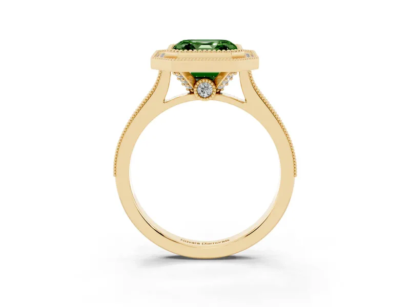 Asscher Cut Vintage Milgrain Halo Engagement Ring Setting for a Fancy Green Lab-Grown Diamond | Bezel Head | Yellow Gold