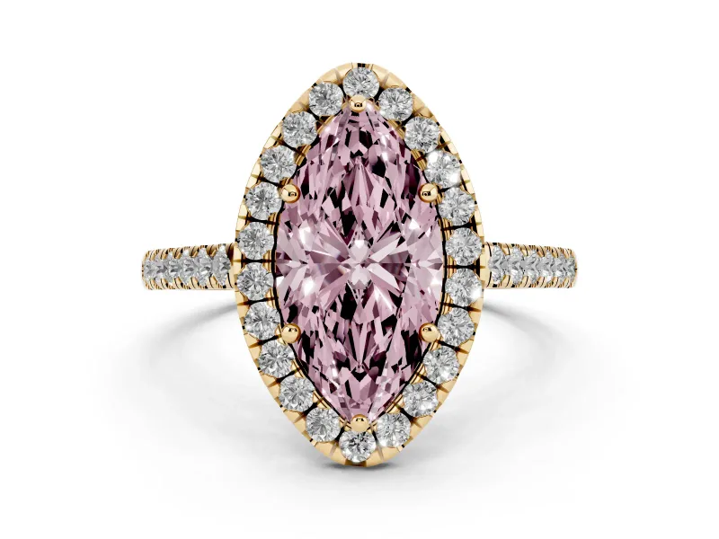 Fancy Pink Marquise Cut Diamond Halo Pavé Engagement Ring Set in Yellow gold with Prong Setting