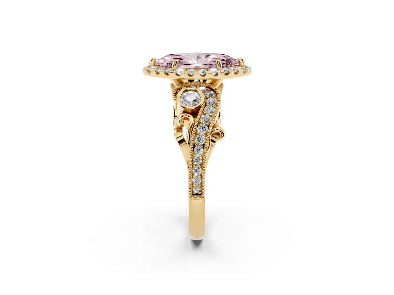 Marquise Vintage Halo Engagement Ring Setting for a Fancy Pink Lab-Grown Diamond | Bezel Shoulder Accents | Yellow Gold