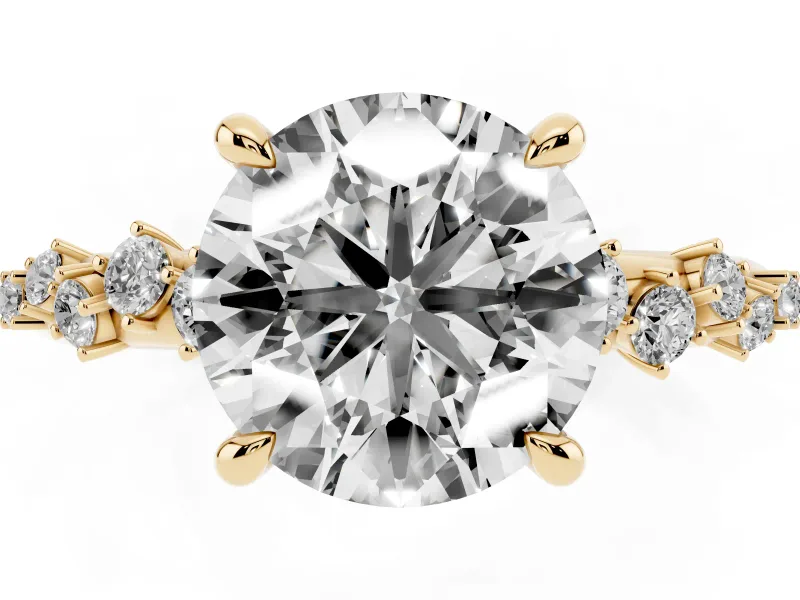 Round Cut Diamond Solitaire Vine Band Ring Set in Yellow gold with Round Accents and Prong Setting