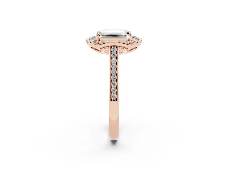 Emerald Cut Petal Tip Halo Engagement Ring Setting | Single Row Pavé Band | Rose Gold