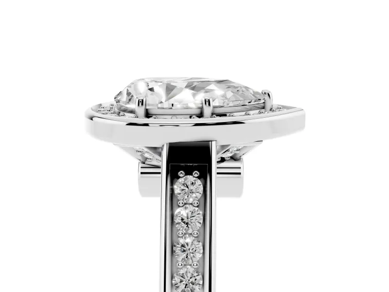 Pear Cut Diamond Halo Solitaire Ring Set in Silver with Pavé Band and Bezel Setting