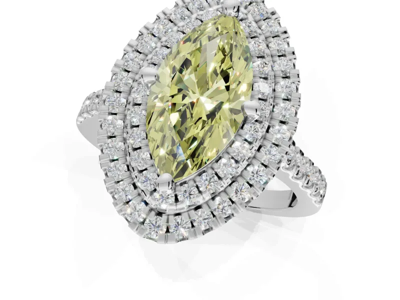 Canary Yellow Marquise Lab-Grown Diamond Double Halo Statement Ring Set in Platinum with Pavé Band
