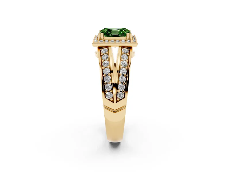 Asscher Cut Halo Engagement Ring Setting for a Fancy Green Lab-Grown Diamond | Two-Row Pave Split Shank | Yellow Gold