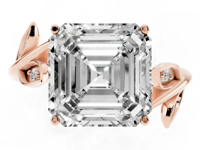 Asscher Cut Twisted Bypass Engagement Ring Setting | Accented Leaves | Rose Gold
