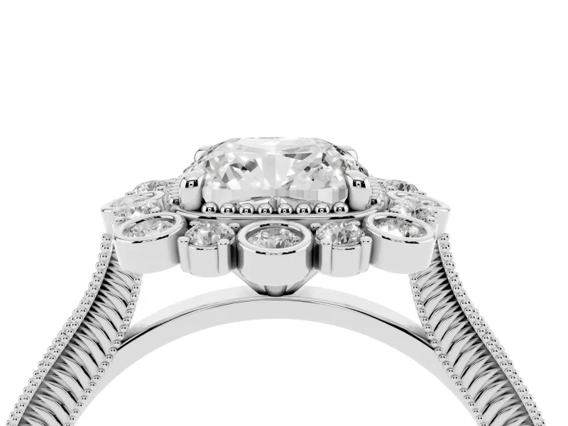 Cushion Cut Vintage Scalloped Halo Engagement Ring Setting | Milgrain Pavé Band | Platinum