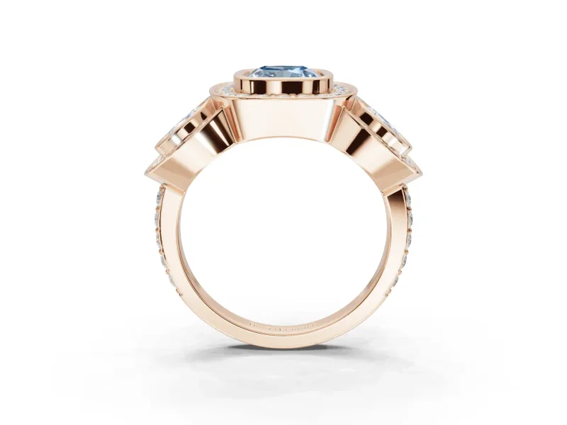 Cushion Cut Three Stone Halo Engagement Ring Setting for a Fancy Blue Lab-Grown Diamond | Rose Gold