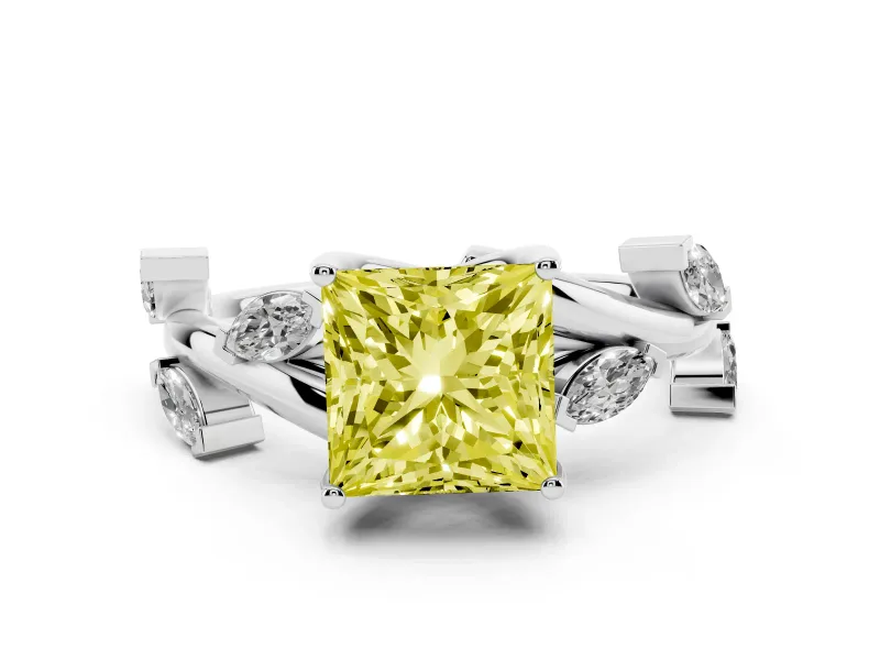Fancy Yellow Princess Cut Diamond Solitaire Ring Set in White gold with Twisted Marquise Accent Band