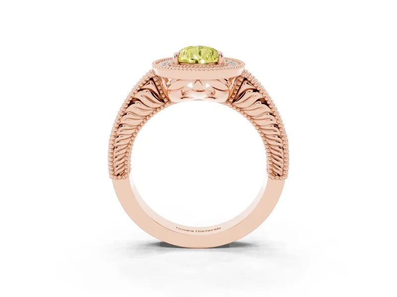 Fancy Yellow Pear Cut Diamond Halo Ring Set in Rose gold with Round Accent Halo, Pavé Band and Prong Setting