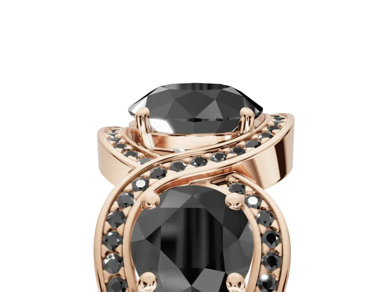 Round Three Stone Halo Engagement Ring Setting for a Black Center | Pavé Wave Band | Rose Gold