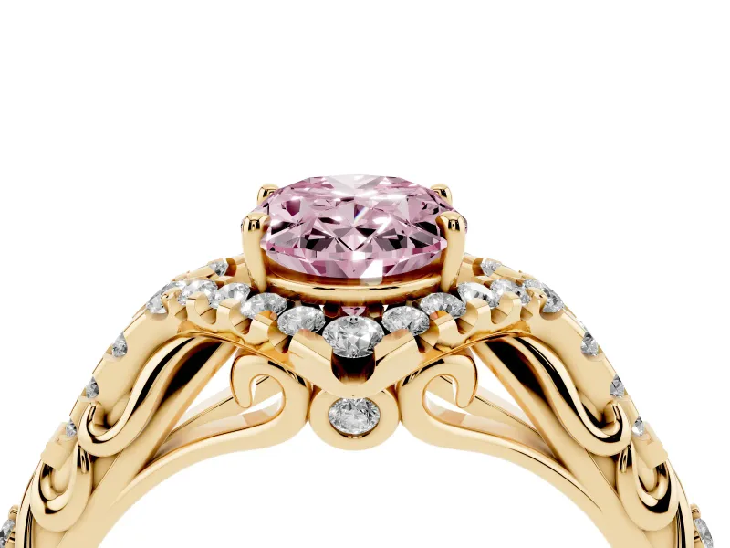 Oval Hidden Halo Filigree Engagement Ring Setting for a Fancy Pink Lab-Grown Diamond | Yellow Gold