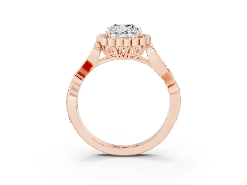 Cushion Cut Vintage Leaf Halo Engagement Ring Setting | Graduated Vine Shank | Rose Gold