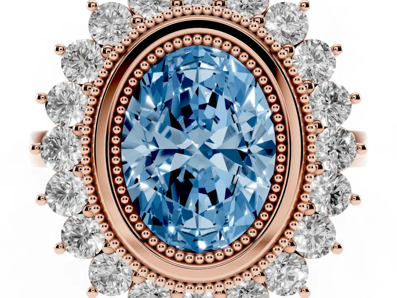 Fancy Blue Oval Cut Diamond Halo Ring Set in Rose gold with Milgrain Edge and Round Prong Setting