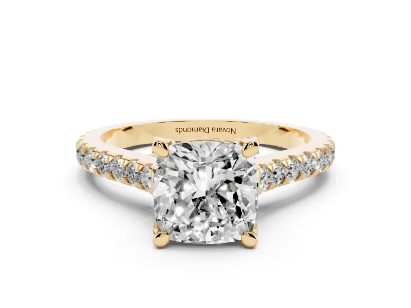 Cushion Cut Diamond Solitaire Ring Set in Yellow gold with Brilliant Pavé Band and Prong Setting