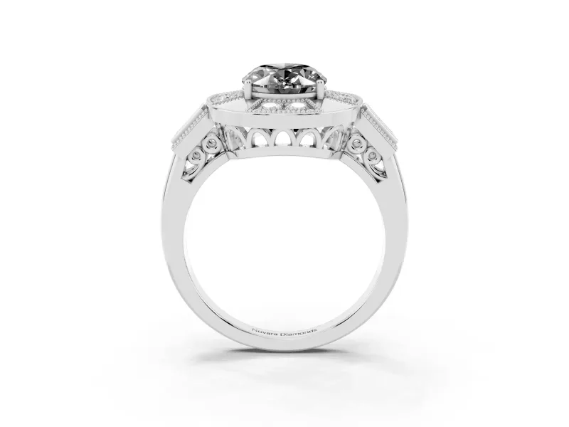 Fancy Black Oval Cut Diamond Milgrain Halo Ring Set in Silver with Split Shank