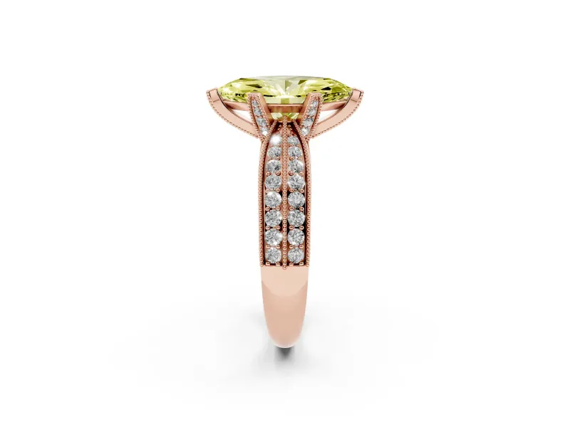 Fancy Yellow Marquise Cut Diamond Solitaire Ring Set in Rose gold with Milgrain Double Row Round Pavé Band
