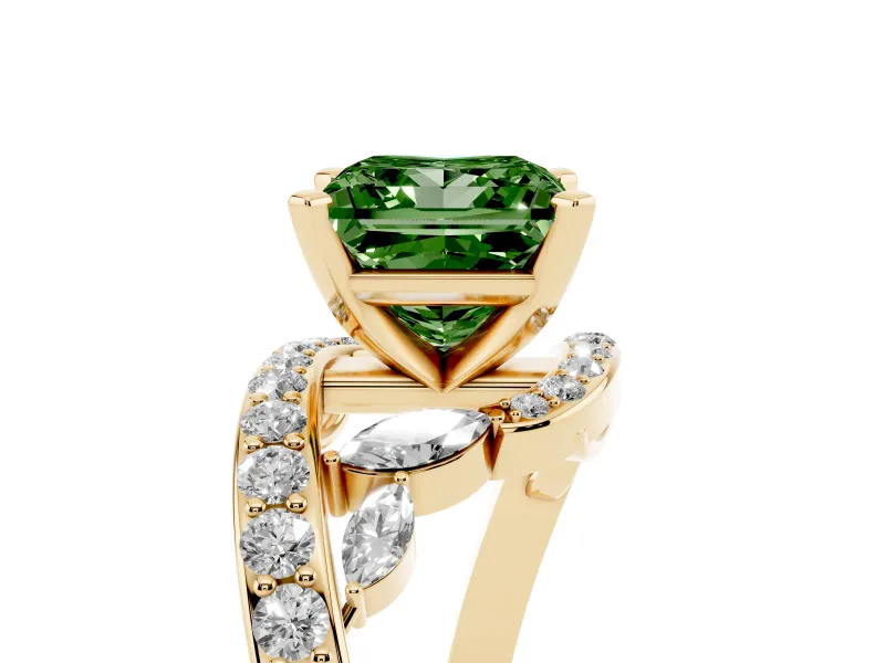 Fancy Green Princess Cut Diamond Solitaire Ring Set in Yellow gold with Pavé Twist Band and Secure Prong Setting
