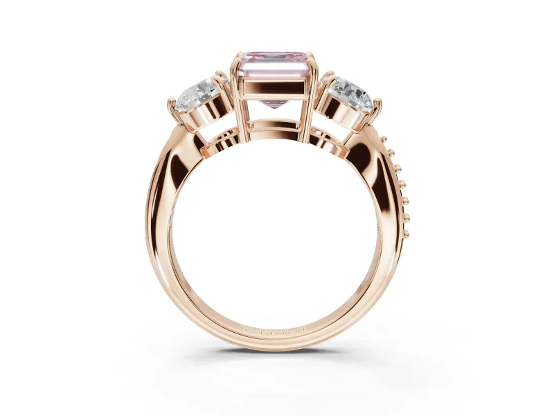 Asscher Cut Three Stone Engagement Ring Setting for a Fancy Pink Lab-Grown Diamond | Tapered Pave Band | Rose Gold