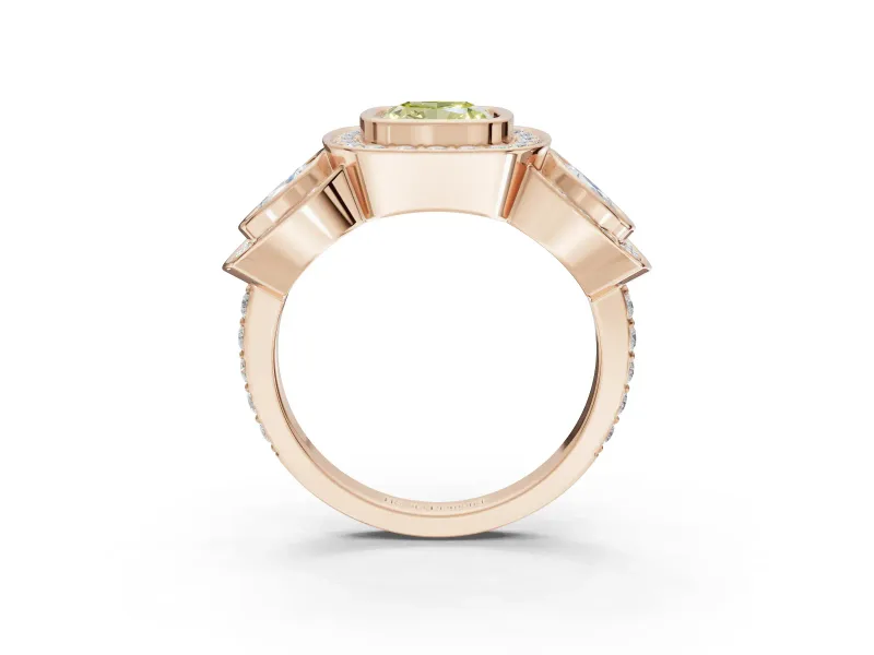 Cushion Cut Three Stone Halo Engagement Ring Setting for a Fancy Yellow Lab-Grown Diamond | Bezel Set | Rose Gold