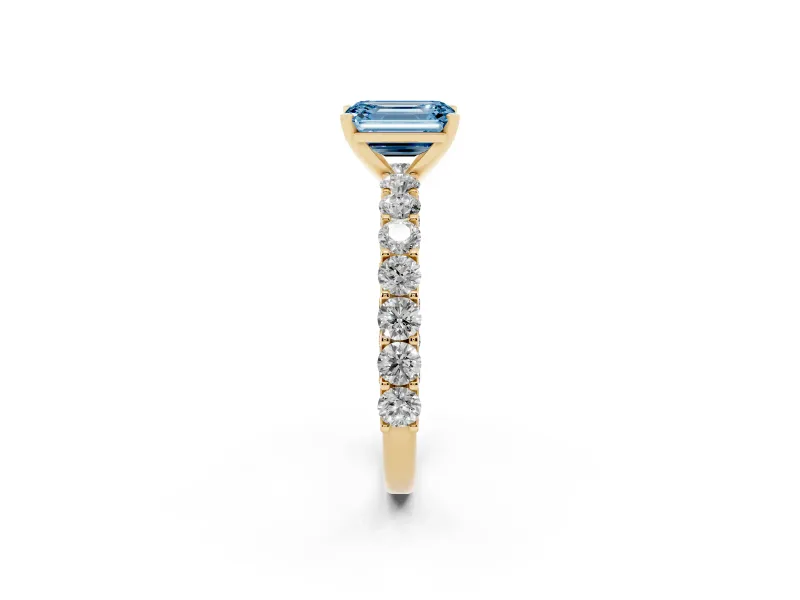 Emerald Cut Shared Prong Engagement Ring Setting for a Fancy Blue Lab-Grown Diamond | Yellow Gold
