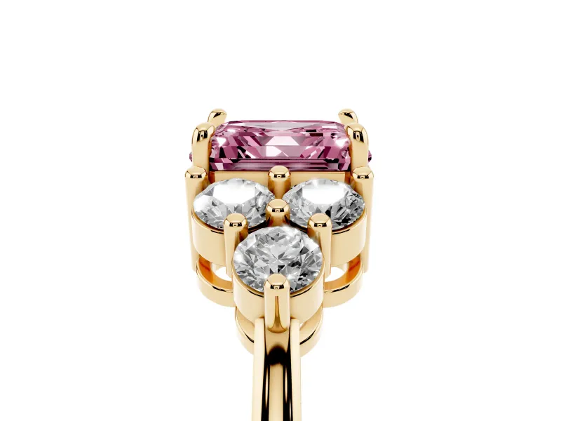 Fancy Pink Asscher Cut Diamond Solitaire Ring Set in Yellow gold with Cluster Accents on Each Side