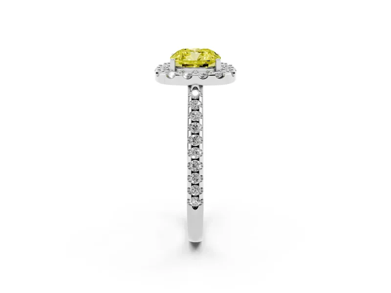 Cushion Cut Pave Halo Engagement Ring Setting for a Fancy Yellow Lab-Grown Diamond | Pave Band | White Gold