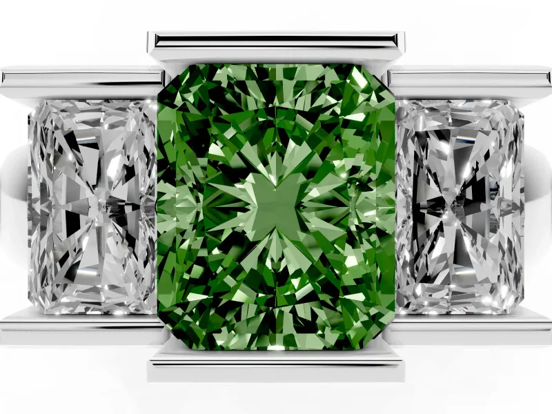 Radiant Cut Channel-Set Three Stone Engagement Ring Setting for a Fancy Green Lab-Grown Diamond | Platinum