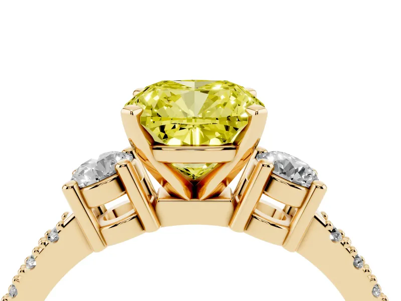Cushion Cut Three Stone Engagement Ring Setting for a Fancy Yellow Lab-Grown Diamond | Pavé Band | Yellow Gold