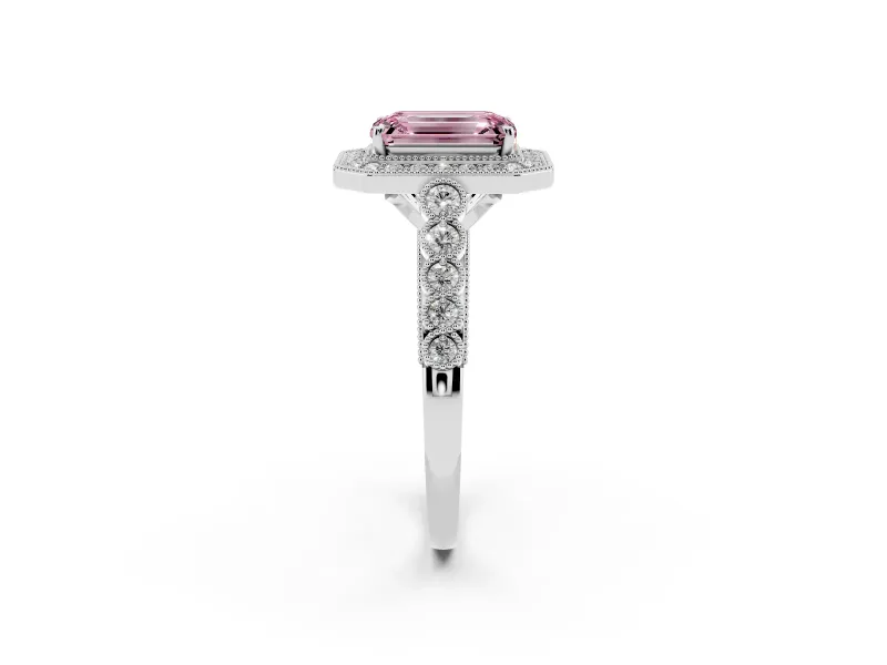 Emerald Cut Graduated Milgrain Halo Engagement Ring Setting for a Fancy Pink Lab-Grown Diamond | Platinum