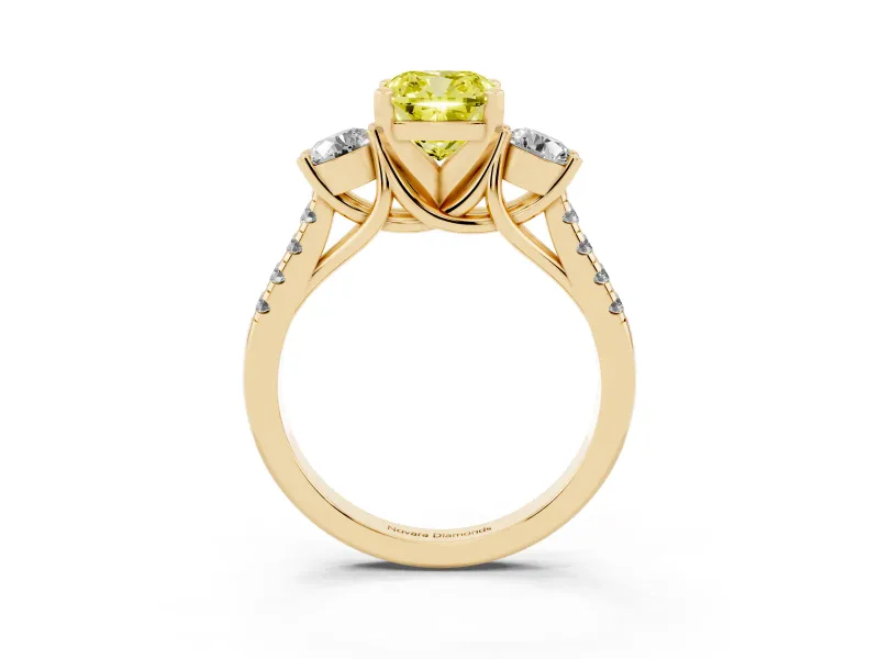 Fancy Yellow Three-Stone Cushion Cut Diamond Pavé Band Ring Set in Yellow gold with Prong-Set Trio
