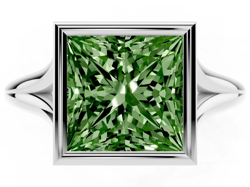 Fancy Green Bezel Set Princess Cut Diamond Solitaire Ring Set in Platinum with Tapered Band
