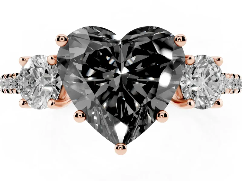 Fancy Black Heart Cut Diamond Three-Stone Ring Set in Rose gold with Pavé Band and Graduated Sides