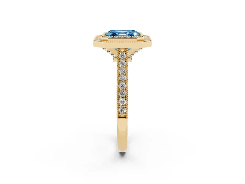 Asscher Cut Vintage Milgrain Halo Engagement Ring Setting for a Fancy Blue Lab-Grown Diamond | Bezel Head | Yellow Gold