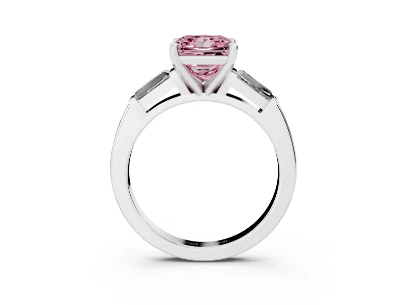 Fancy Pink Princess Cut Diamond Solitaire Ring Set in White gold with Tapered Baguette Side Stones and Prong Setting