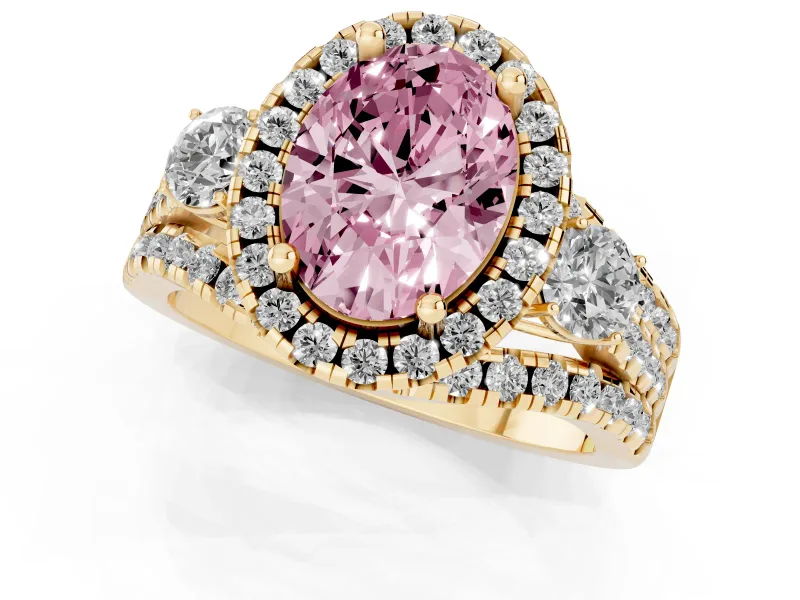 Oval Halo Split Shank Engagement Ring Setting for a Fancy Pink Lab-Grown Diamond | Round Side Stones | Yellow Gold