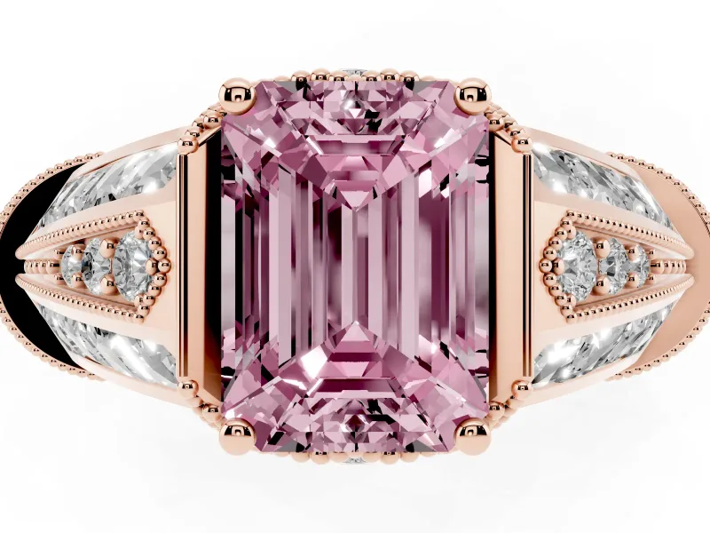 Fancy Pink Emerald Cut Diamond Vintage-Inspired Milgrain Ring Set in Rose gold with Accent Split Shank