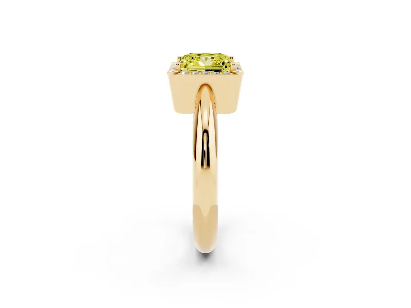 Fancy Yellow Princess Cut Diamond Halo Engagement Ring Set in Yellow gold with Plain Split Shank and Prong Setting